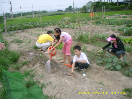 小朋友和家長到菜園區澆水玩土快樂可愛一家人