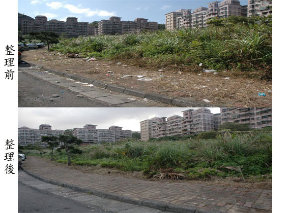 本協會義工投入社區環境維護工作整理前雜草垃圾遍布整理後還人行道乾淨原貌